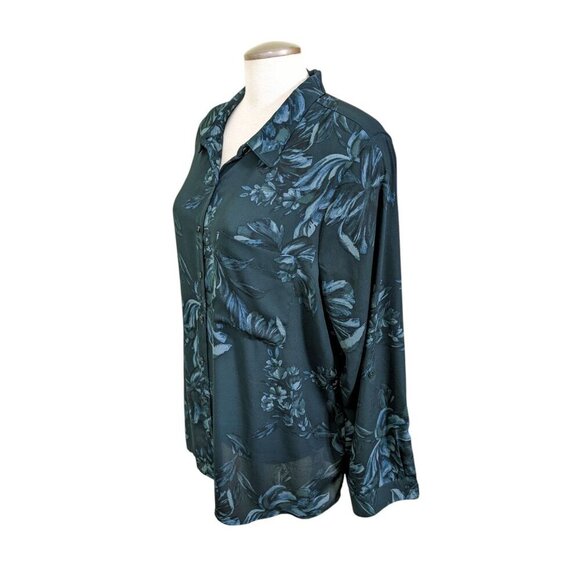 Reitmans Womens Button Up Shirt Plus 2X Green Dark Floral Roll Tab Long Sleeve - Picture 2 of 6